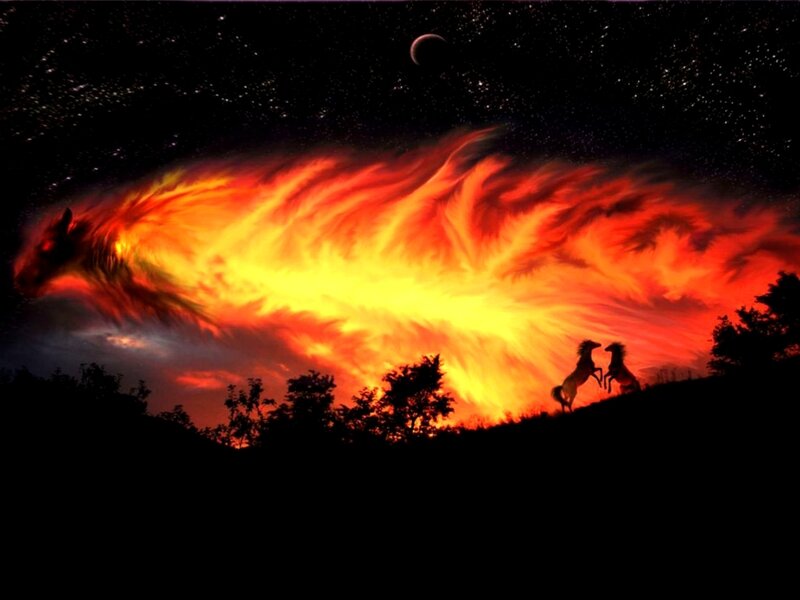 Fiery dragon and horses at night
