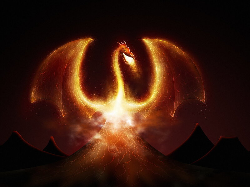 Fiery dragon emerging from volcano
