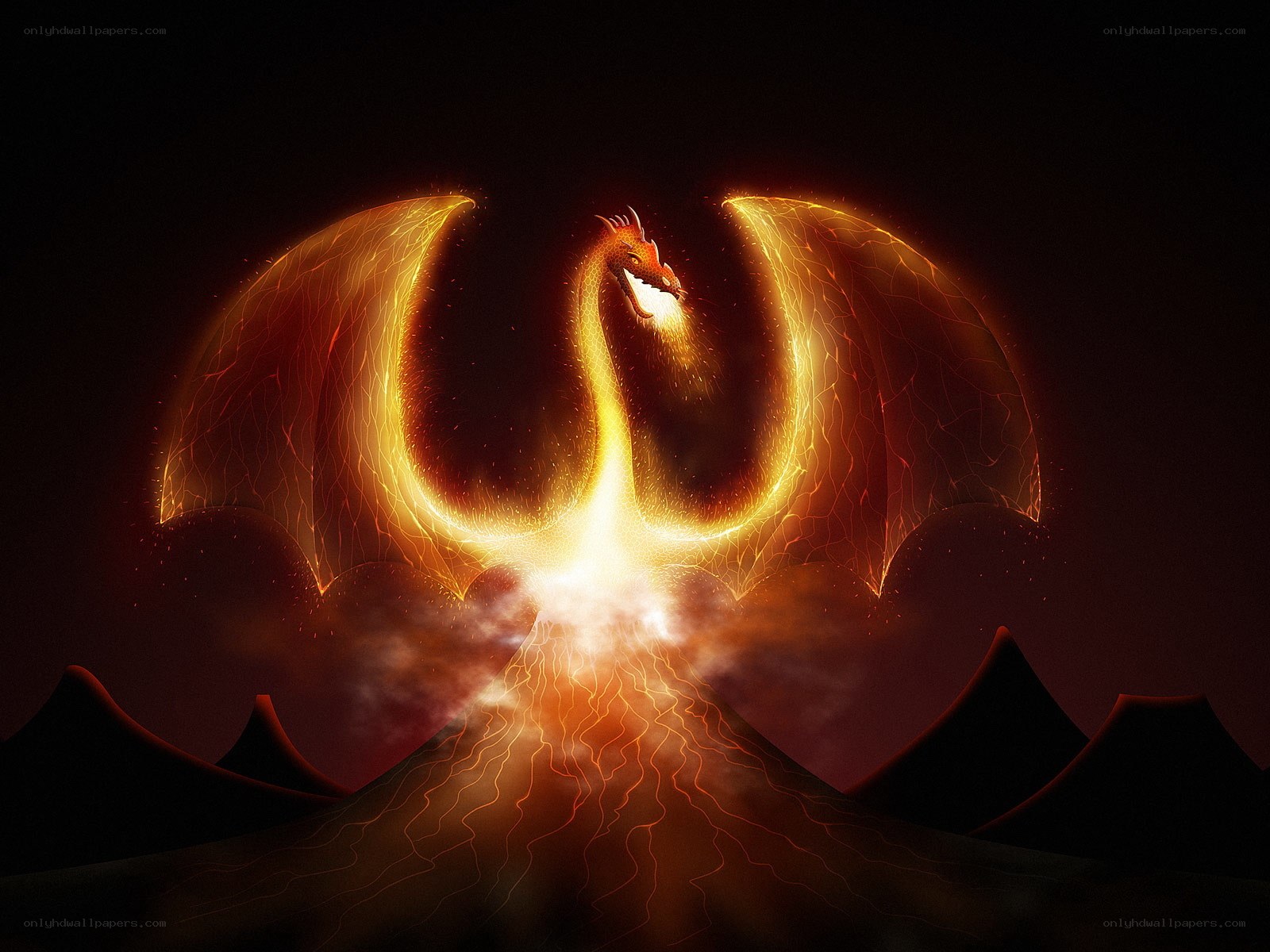 Fiery dragon emerging from volcano