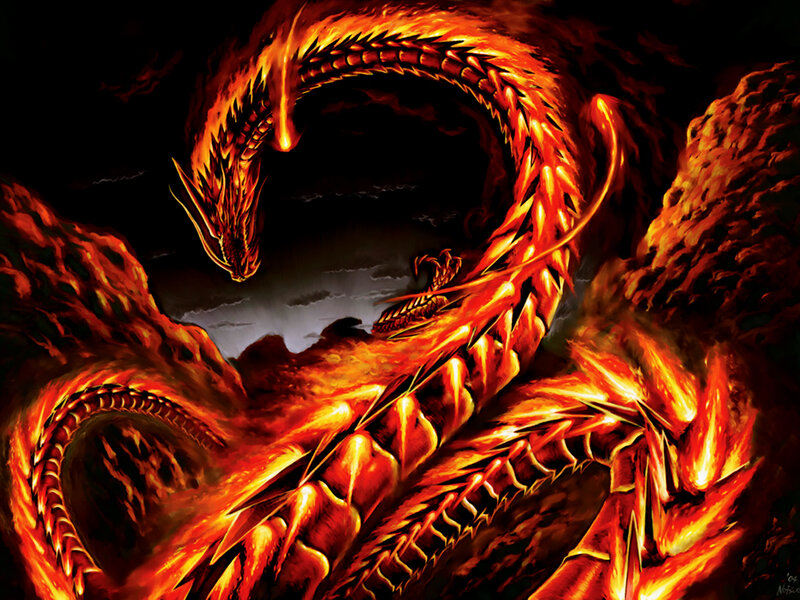 fiery dragon in cavern