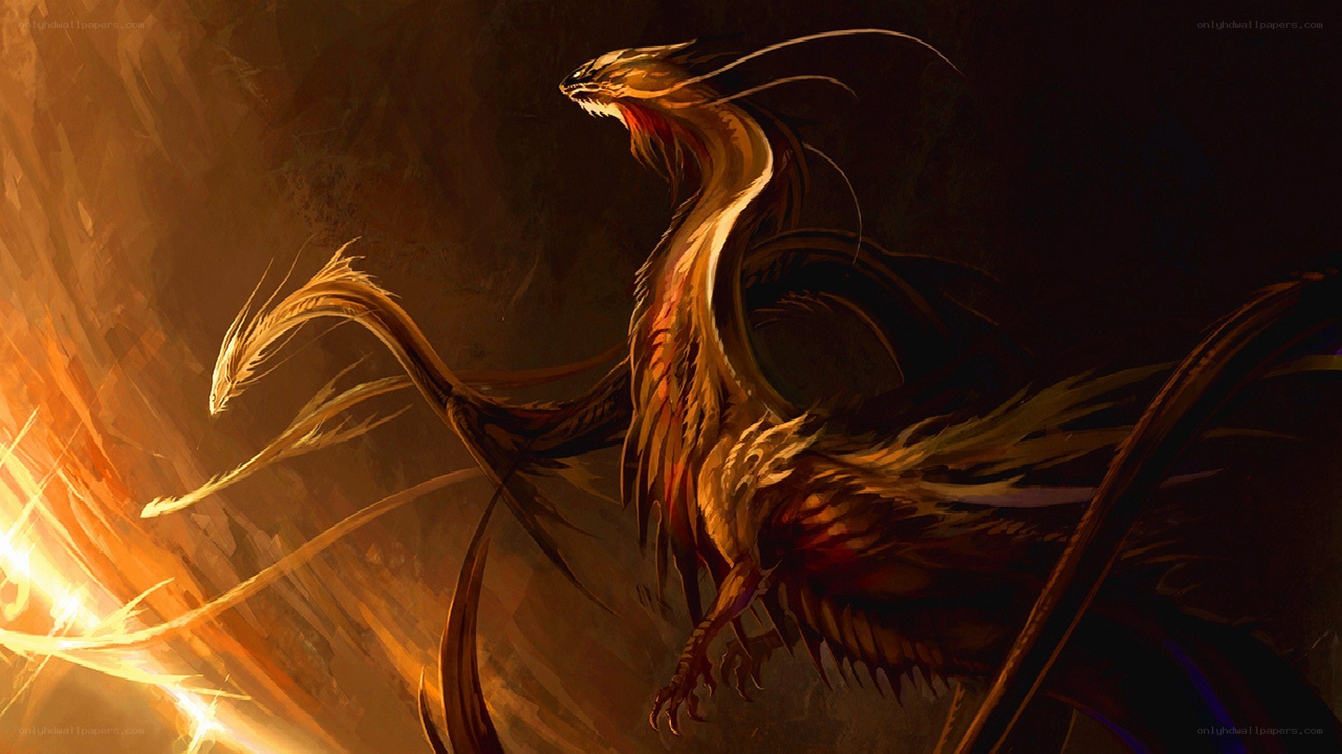 Fiery dragon in dark cavern