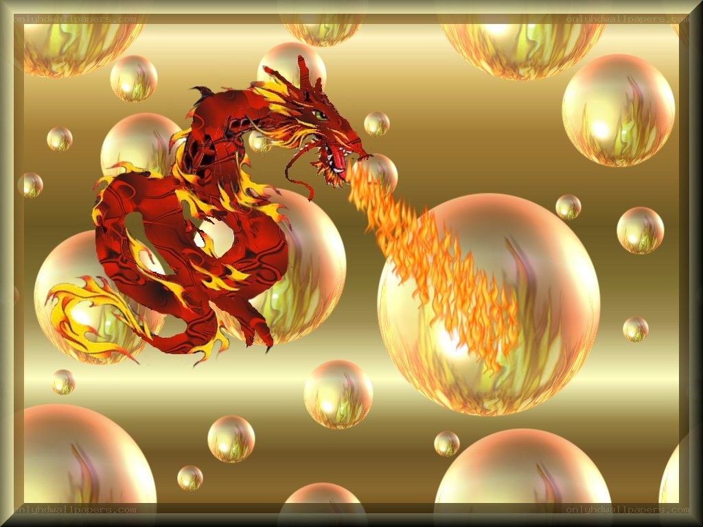 Fiery dragon in golden bubbles