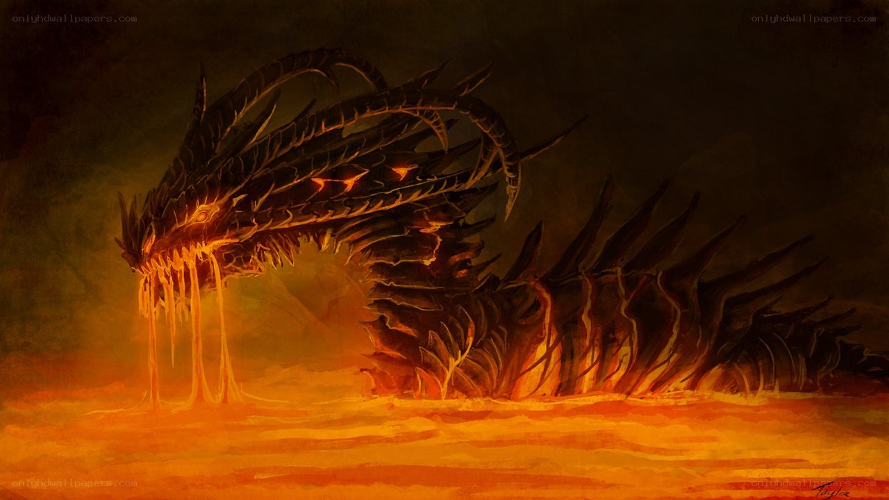 fiery dragon in molten landscape
