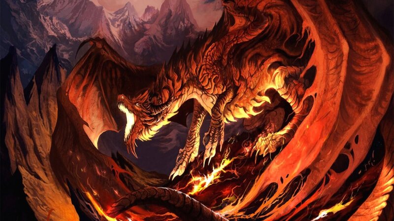 Fiery dragon in mountain landscape