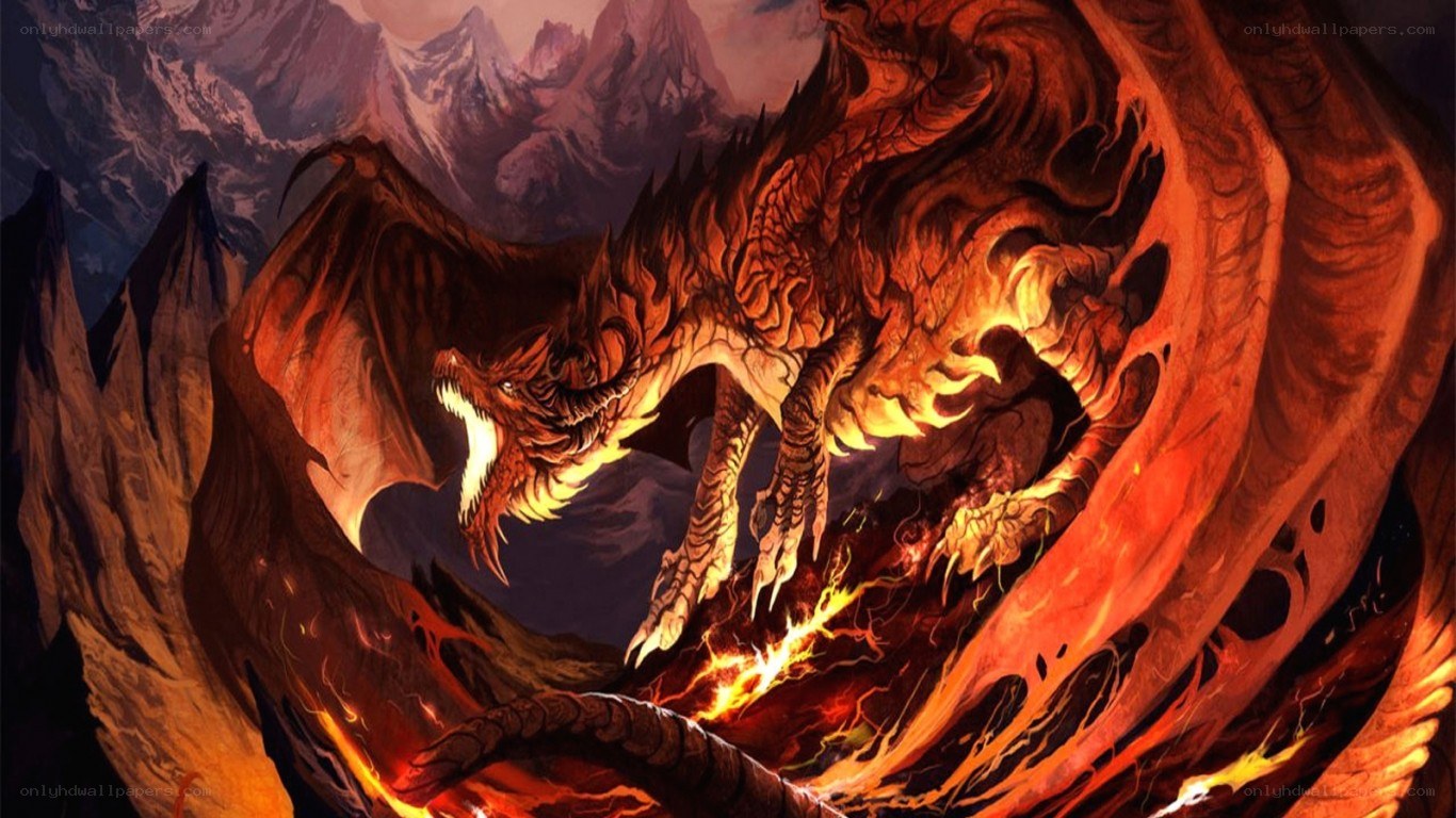 Fiery dragon in mountain landscape