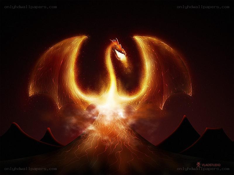 fiery dragon rising from volcano