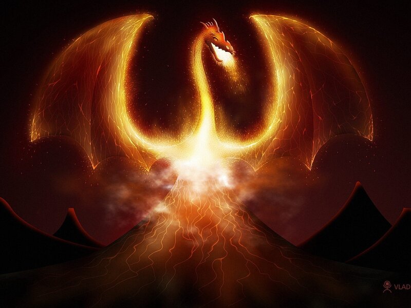 fiery dragon with wings spread