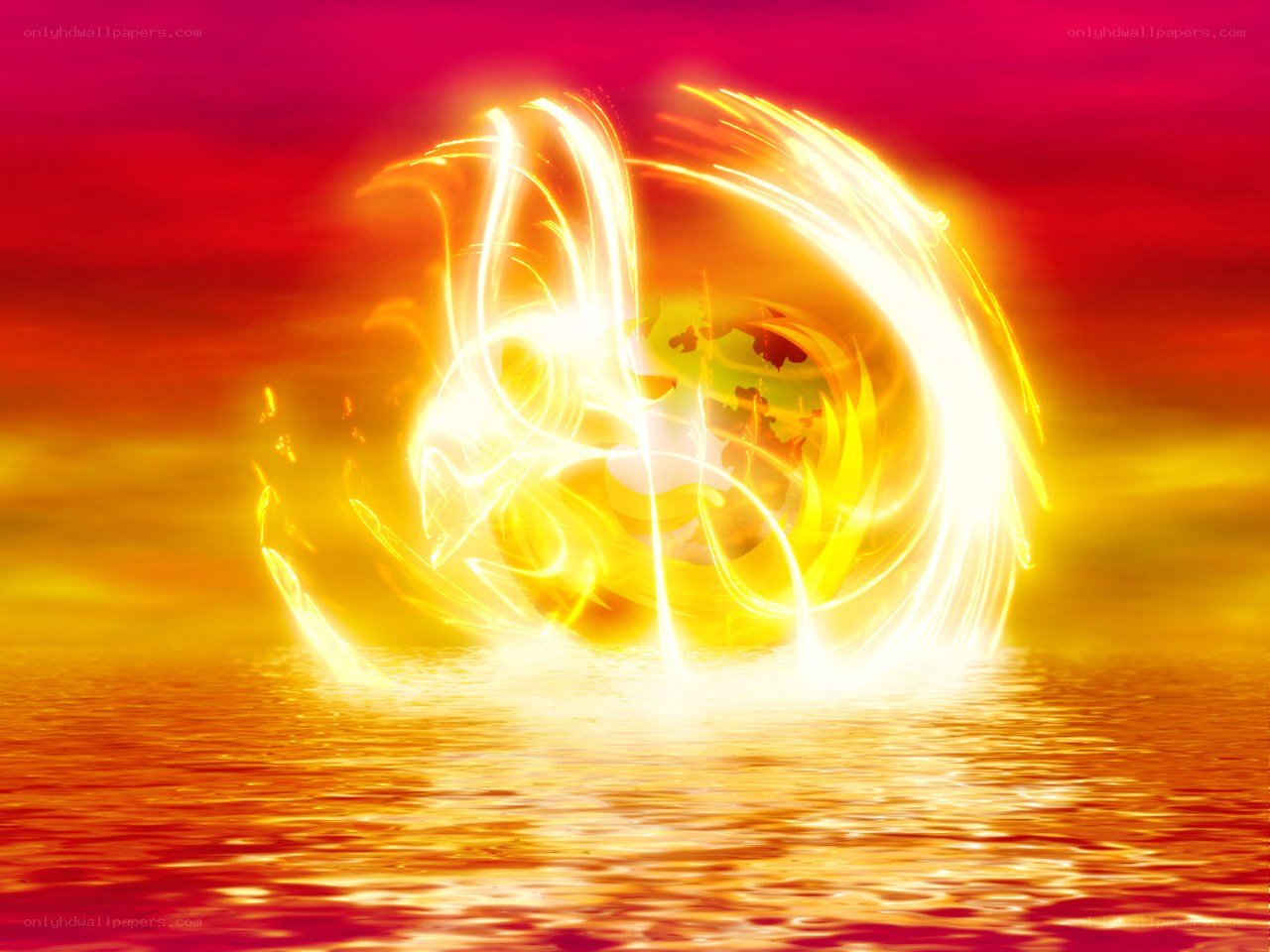 fiery energy sphere over water