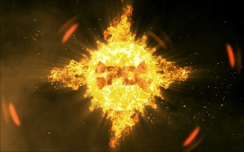 fiery explosion with logo