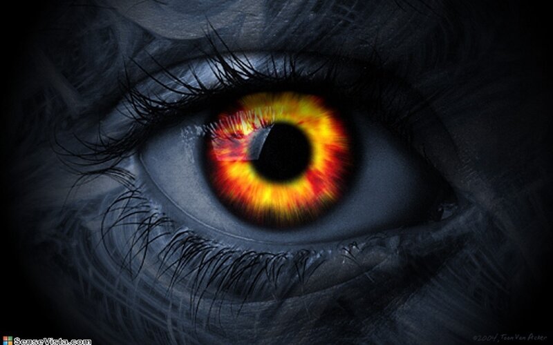 Fiery eye in dark setting
