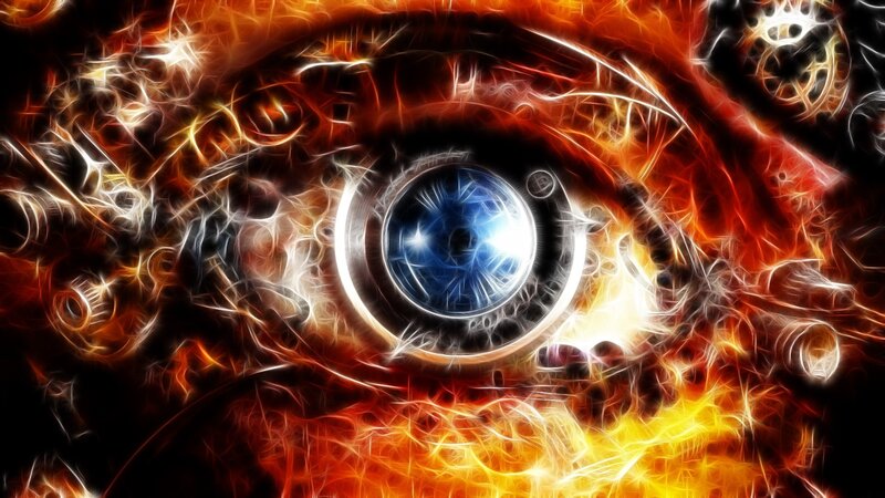 fiery eye with blue iris