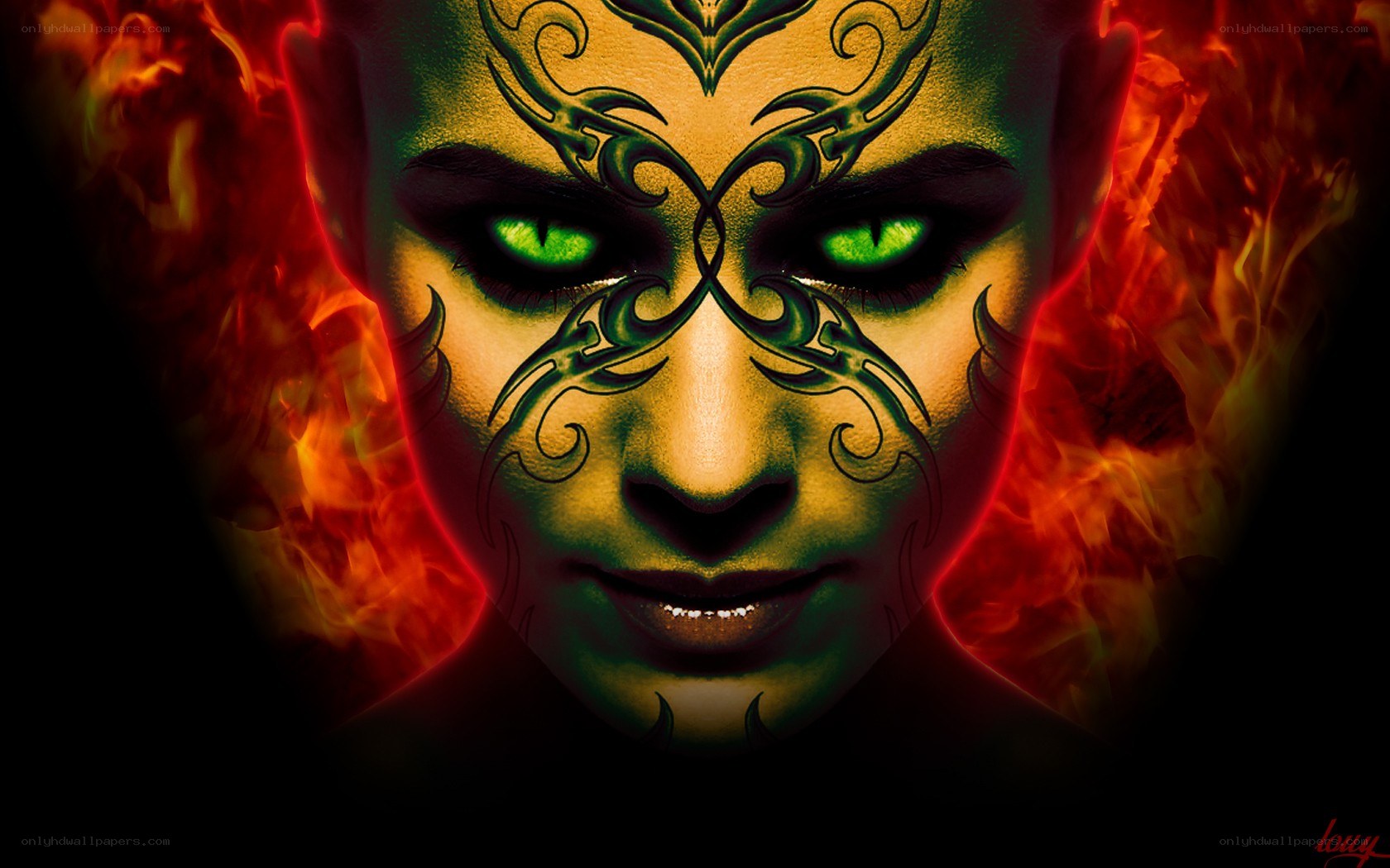 fiery face with green eyes