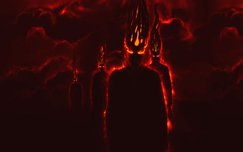 fiery figures in dark sky