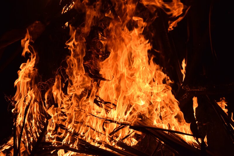 Fiery flames at night
