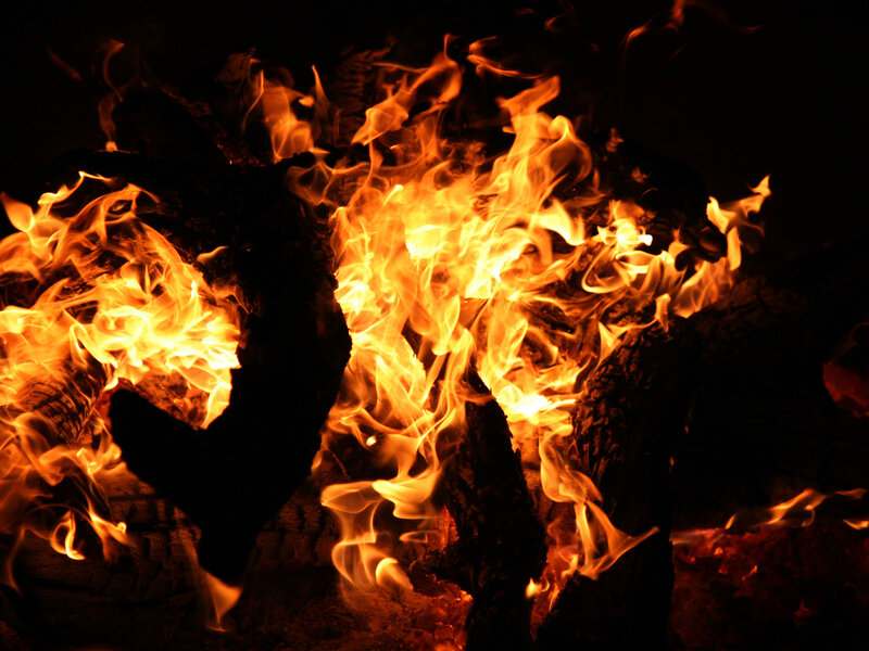 Fiery flames burning wood