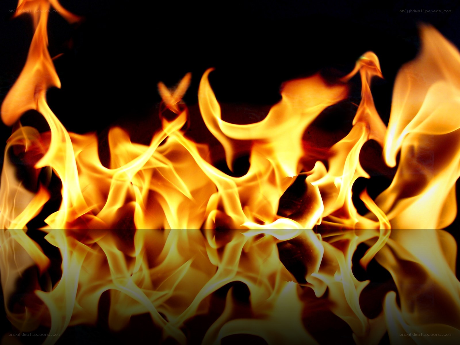 Fiery flames on reflective surface