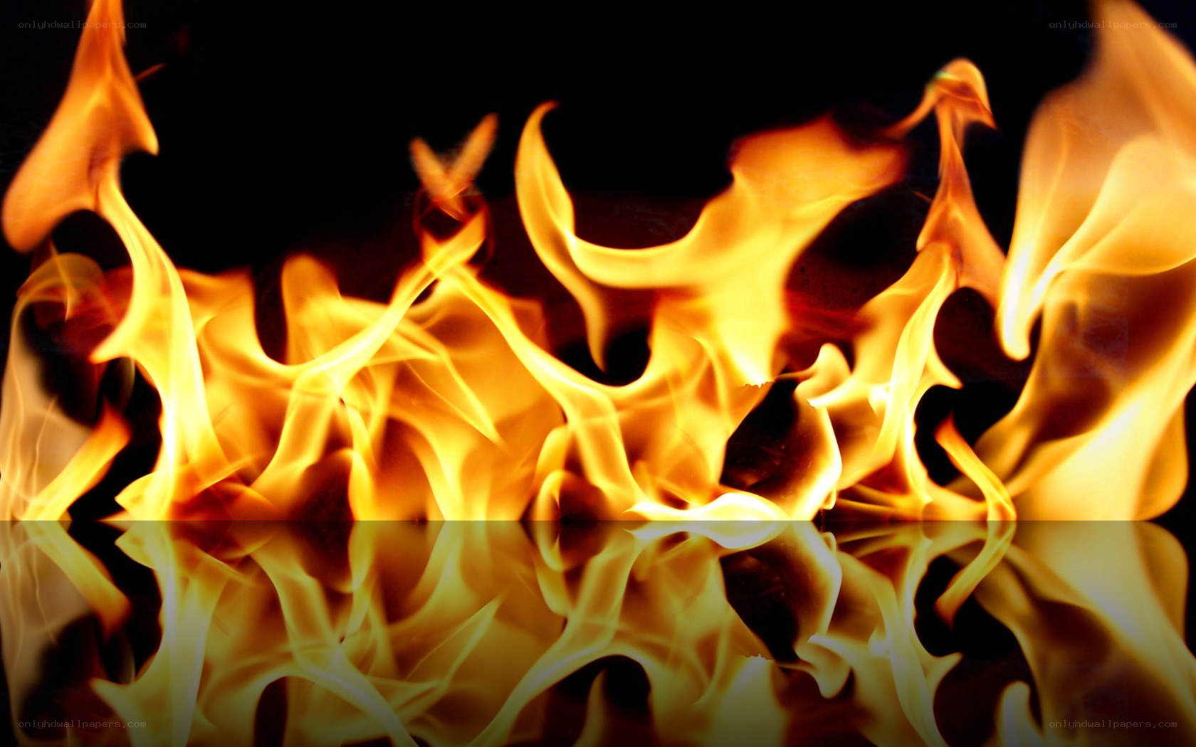 Fiery flames on reflective surface