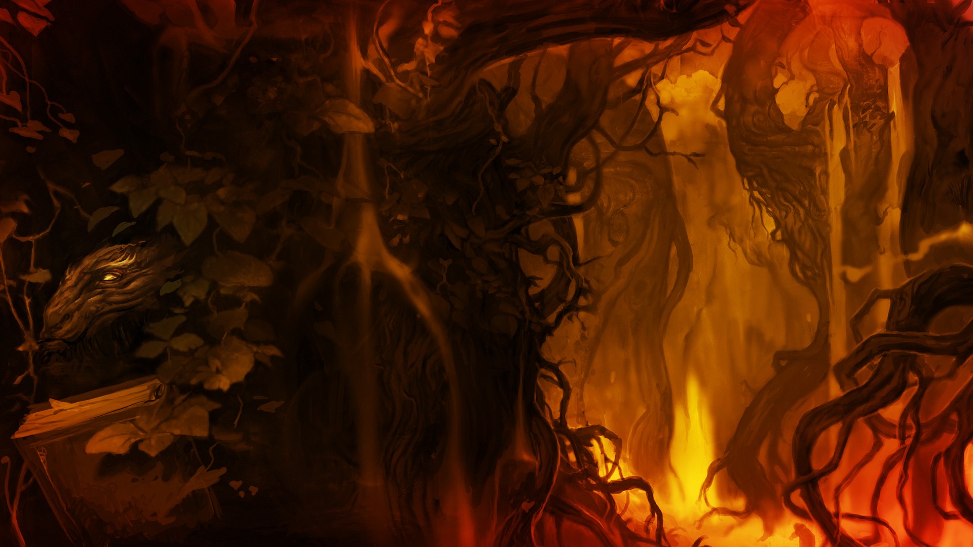 Fiery forest creature reading