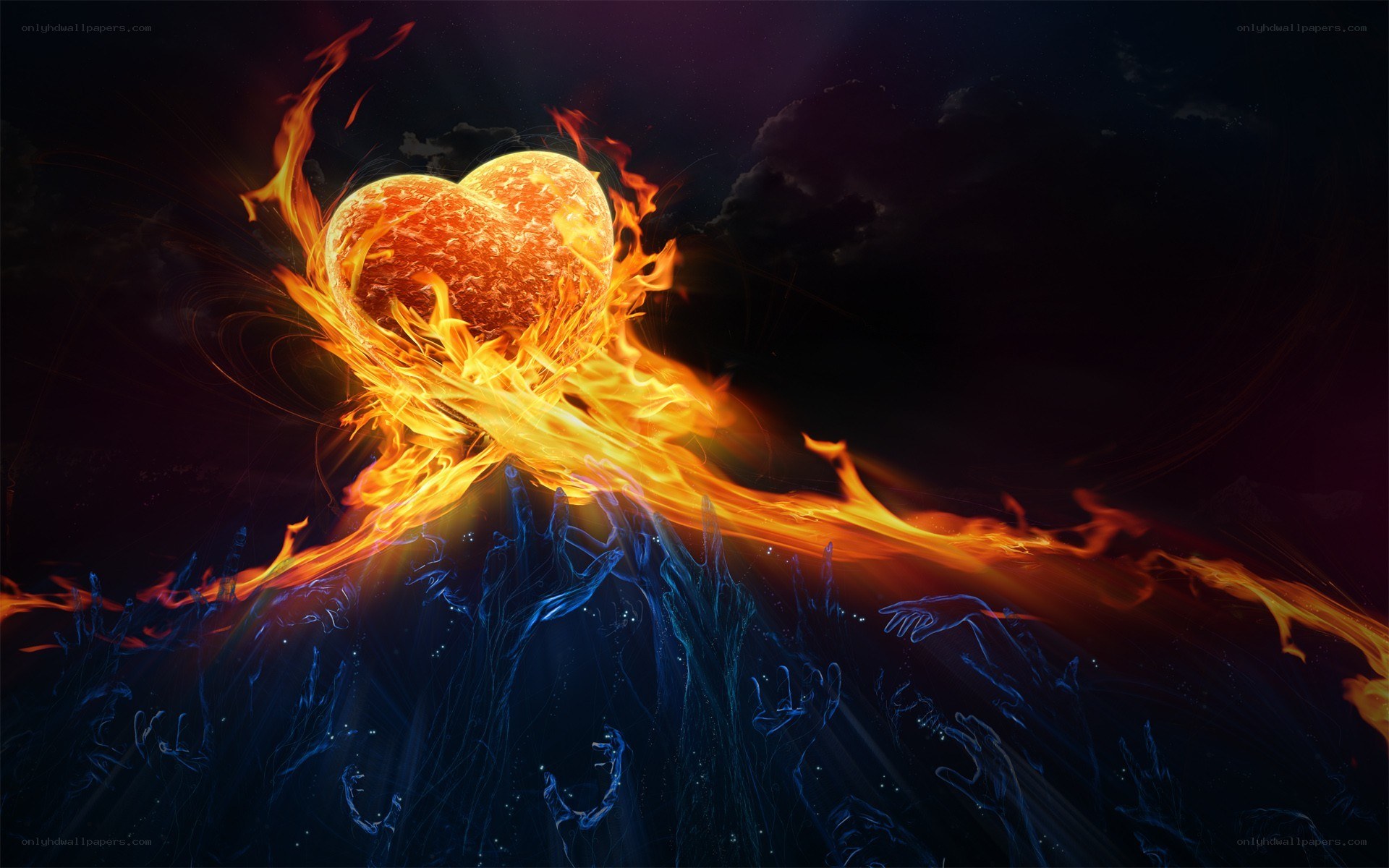 Fiery heart over grasping hands