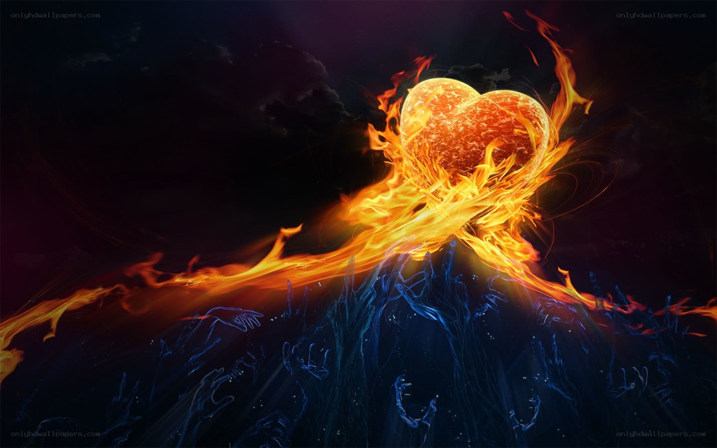 Fiery heart rising from hands
