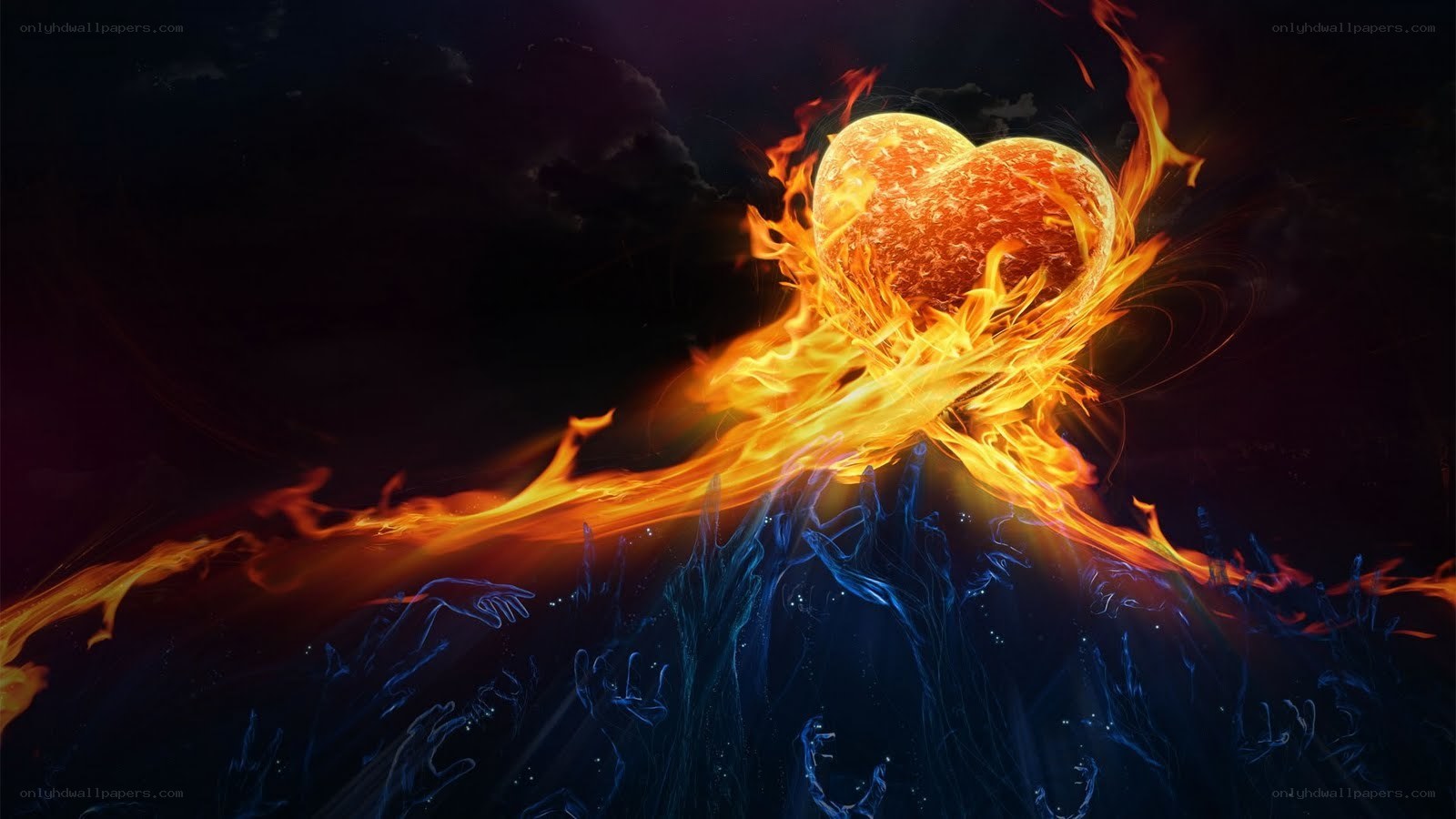 Fiery heart rising from hands