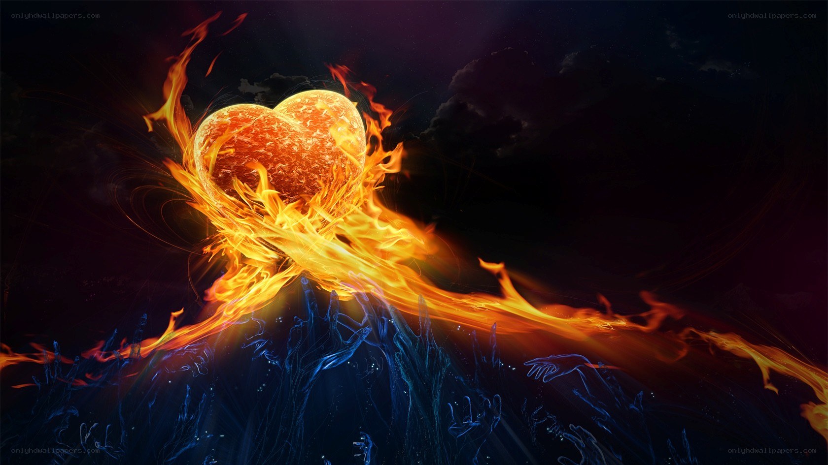 Fiery heart rising from hands
