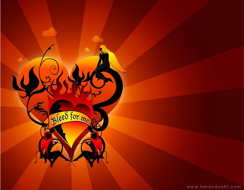 Fiery heart with angel and demons