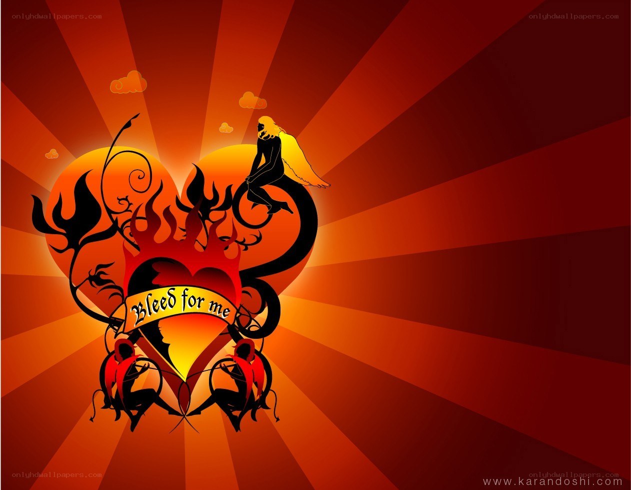 Fiery heart with angel and demons