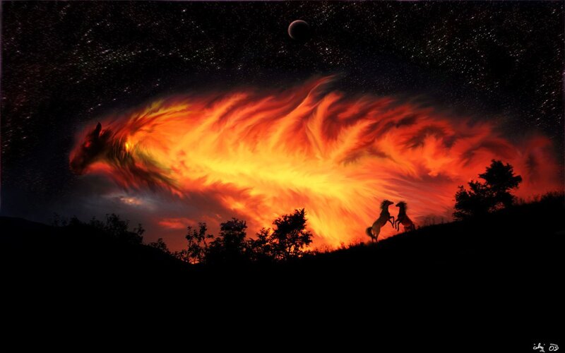 Fiery horse in starry sky