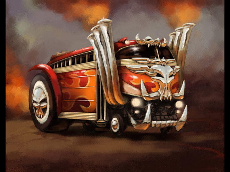 fiery hot rod with skull design