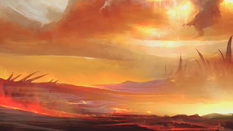 Fiery landscape at sunset