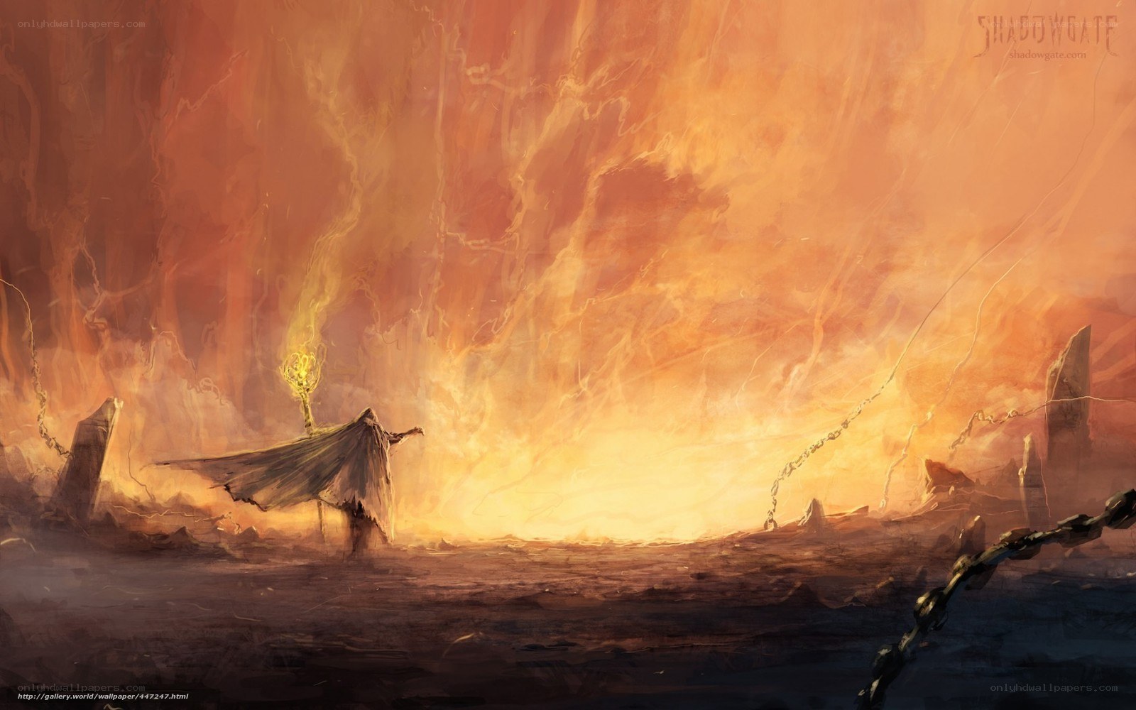 Fiery landscape with cloaked figure