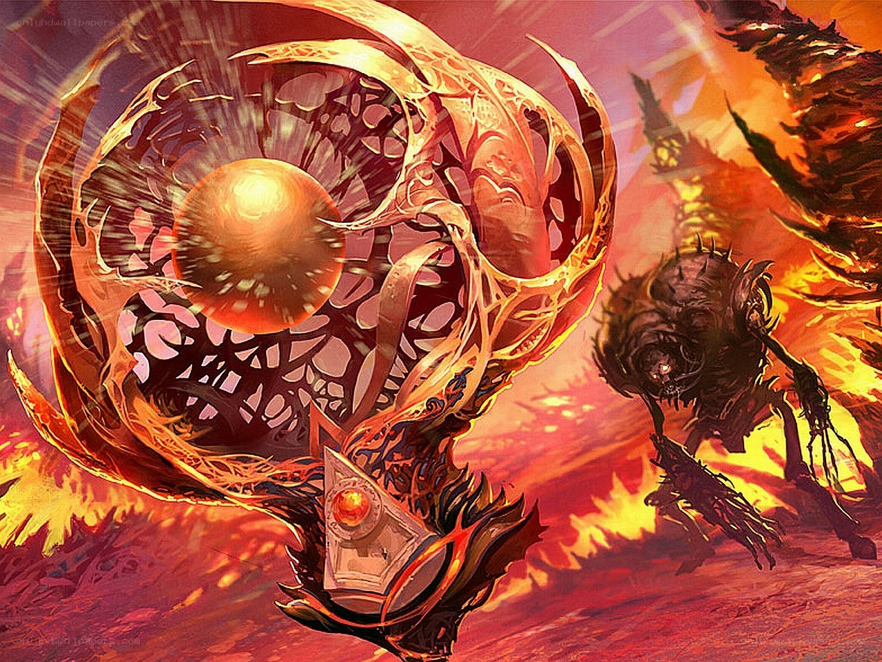 Fiery magical artifact in battle