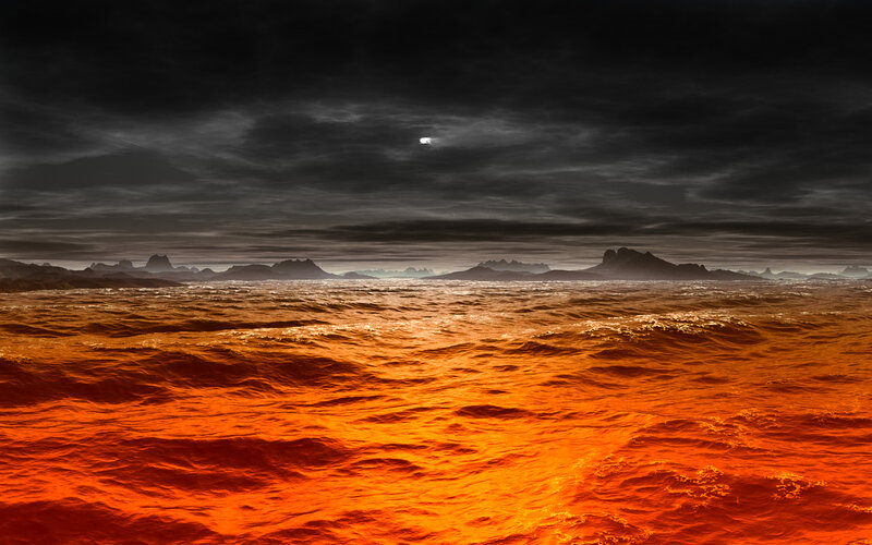 Fiery ocean under dark sky