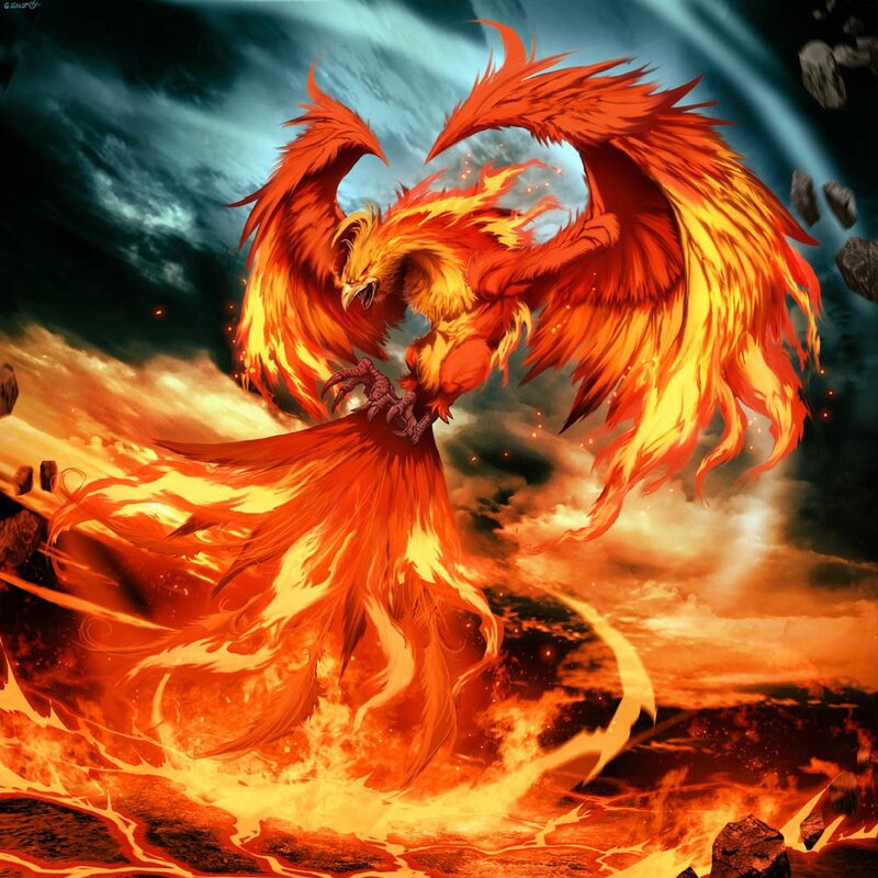 Fiery phoenix in volcanic landscape