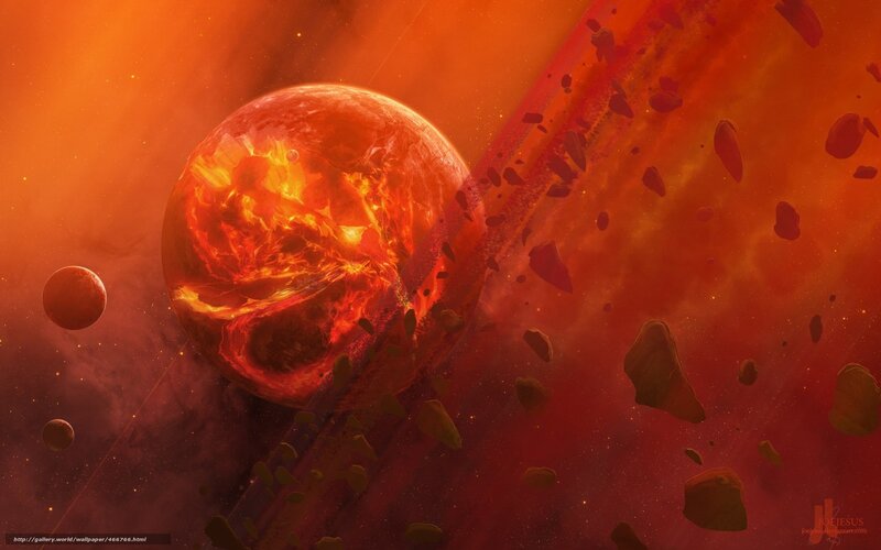 Fiery Planet in Space — Red, Dramatic, Digital Art, Asteroids