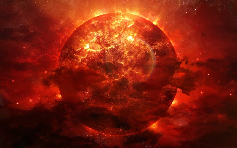 Fiery Planet in Space — Red, Dramatic, Digital Art, Stars, Nebula, Orange, Black