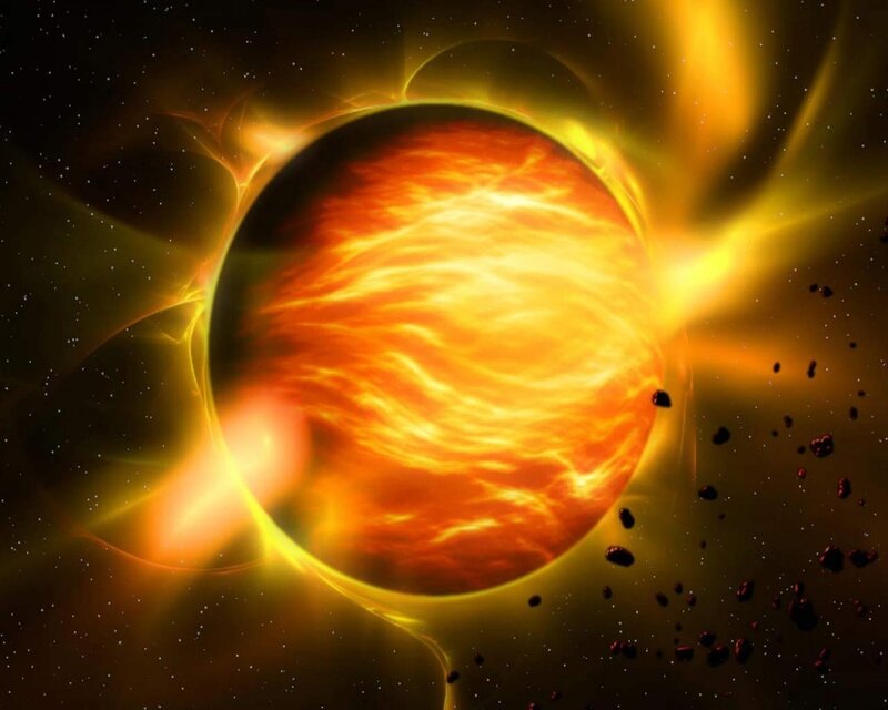 Fiery Planet with Asteroids