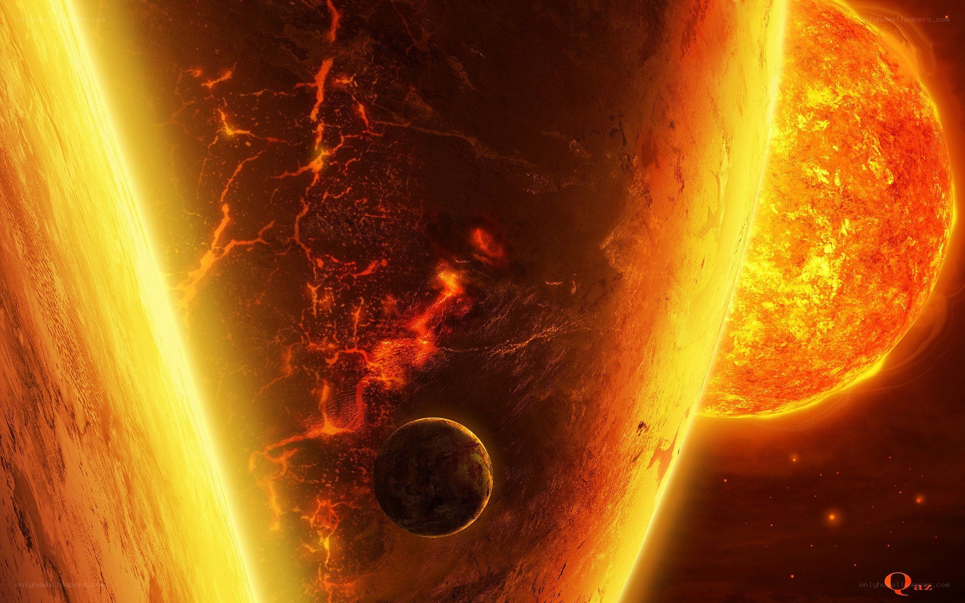 Fiery planet with sun and moon