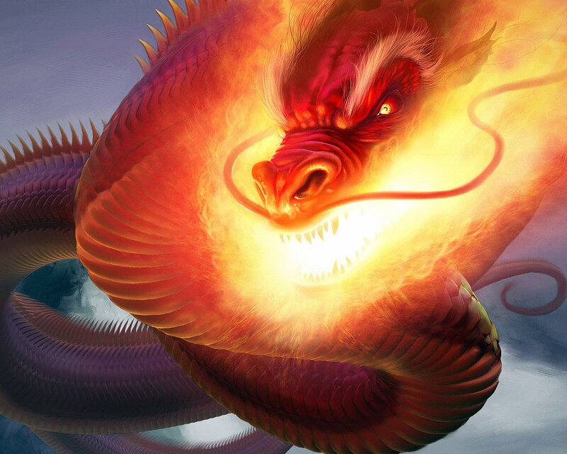 Fiery red dragon in flight
