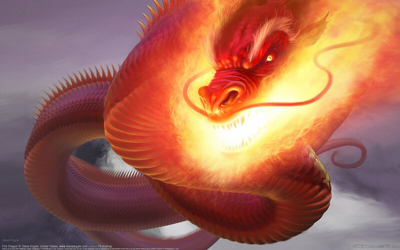 Fiery red dragon in flight