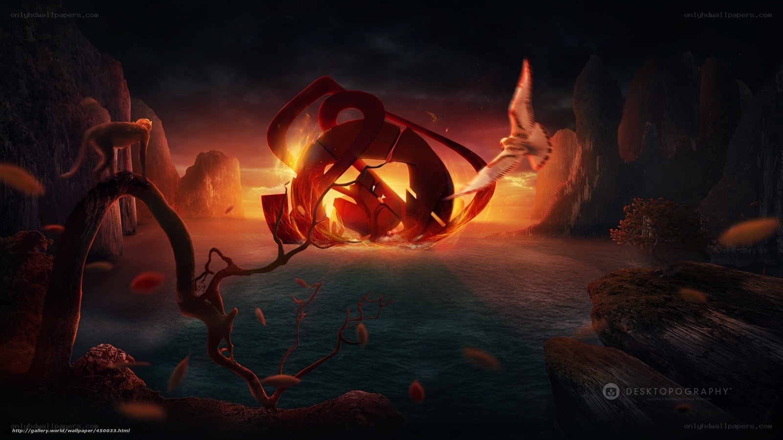 Fiery sculpture in a surreal landscape