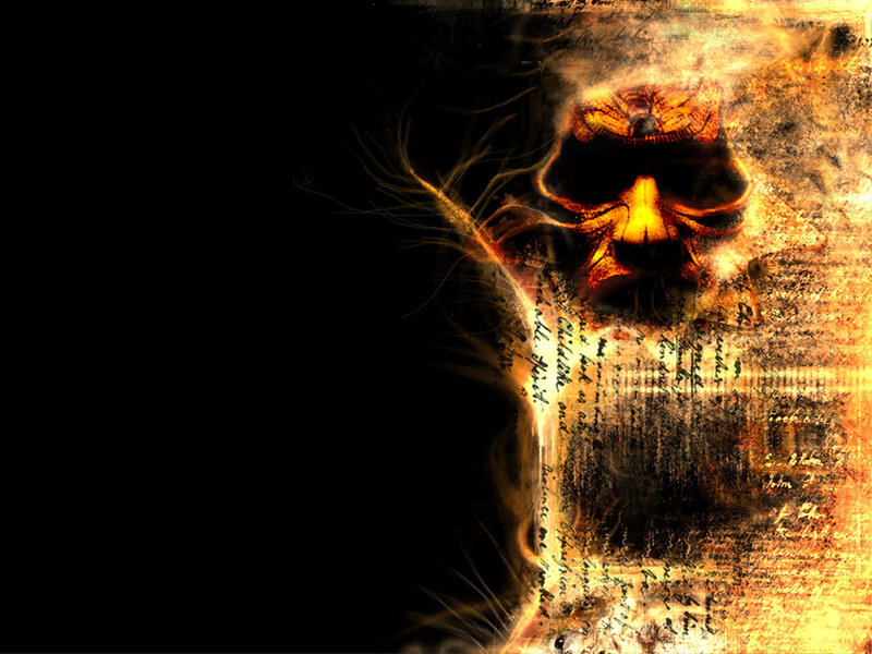 fiery skull with ancient script