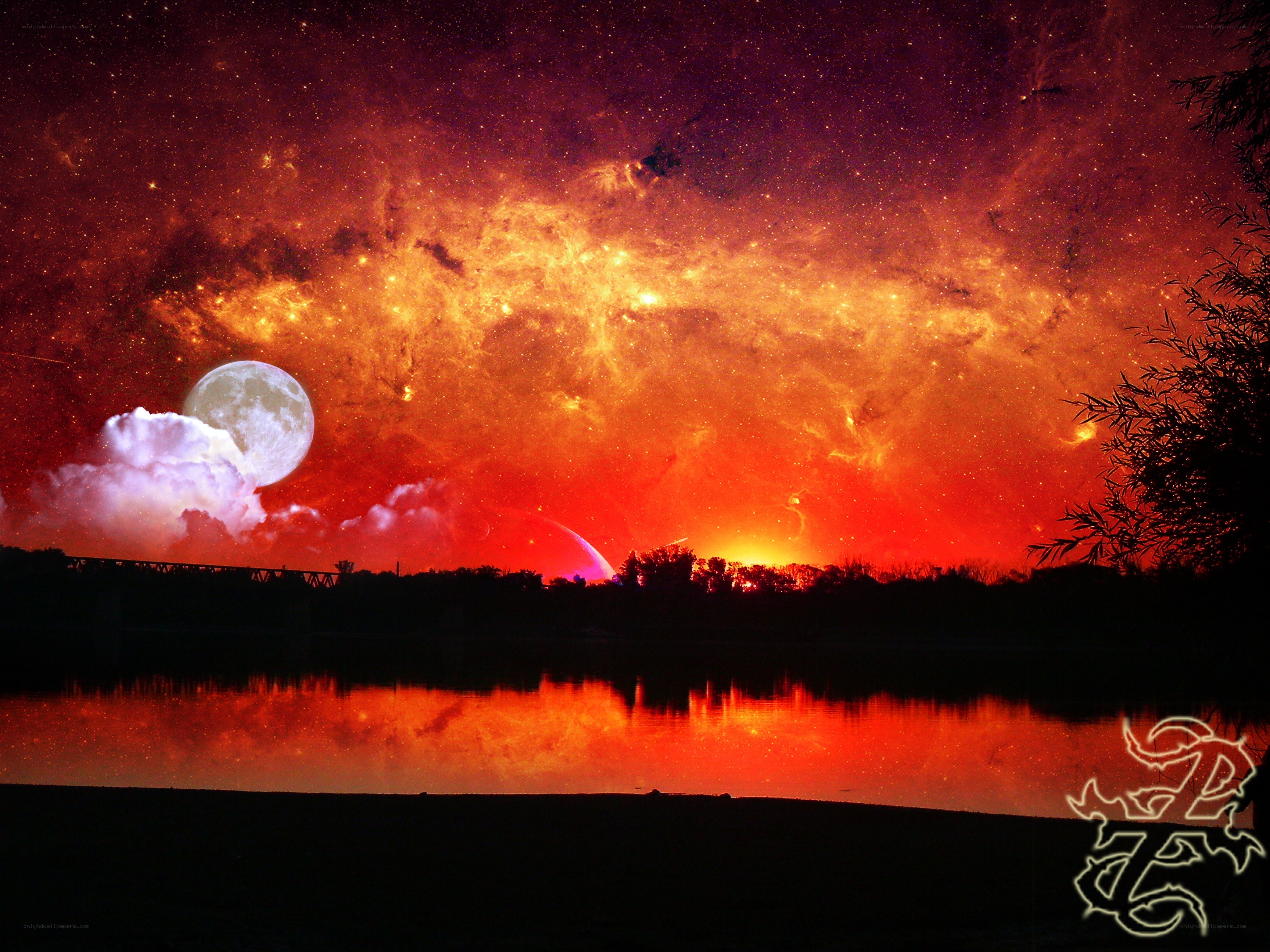Fiery sky over a river