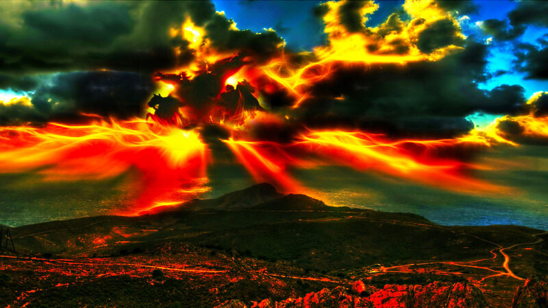 Fiery sky over coastal hills