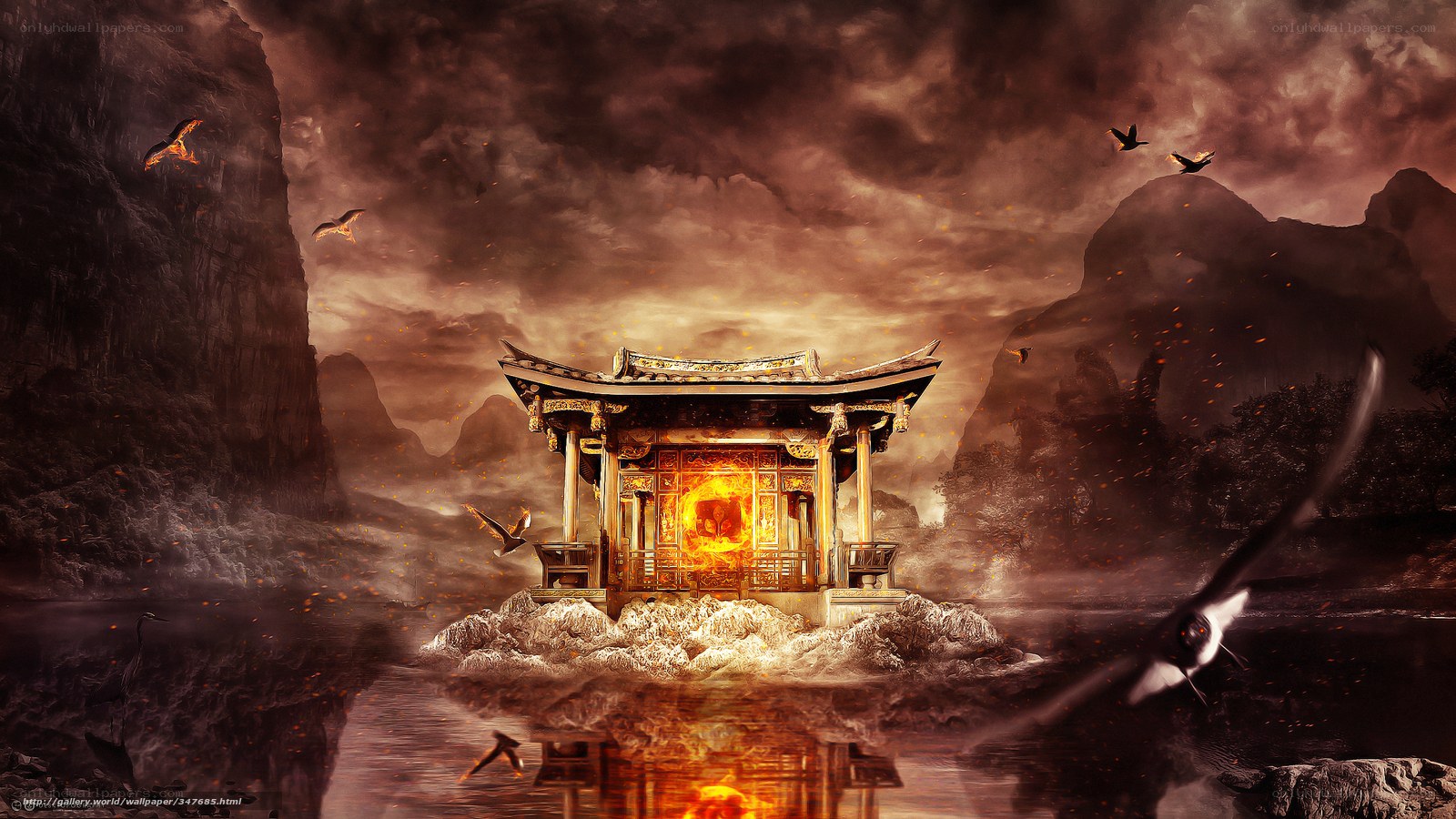 Fiery temple on a misty island