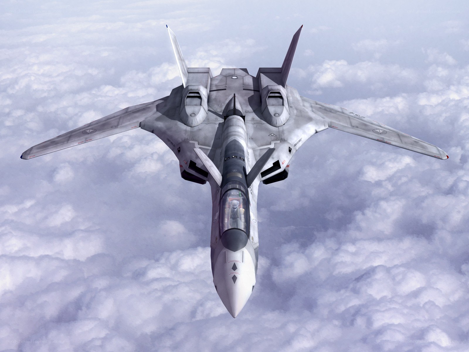 fighter jet above clouds