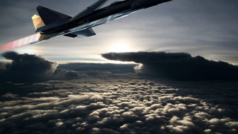 Fighter Jet Above Clouds — Gray
