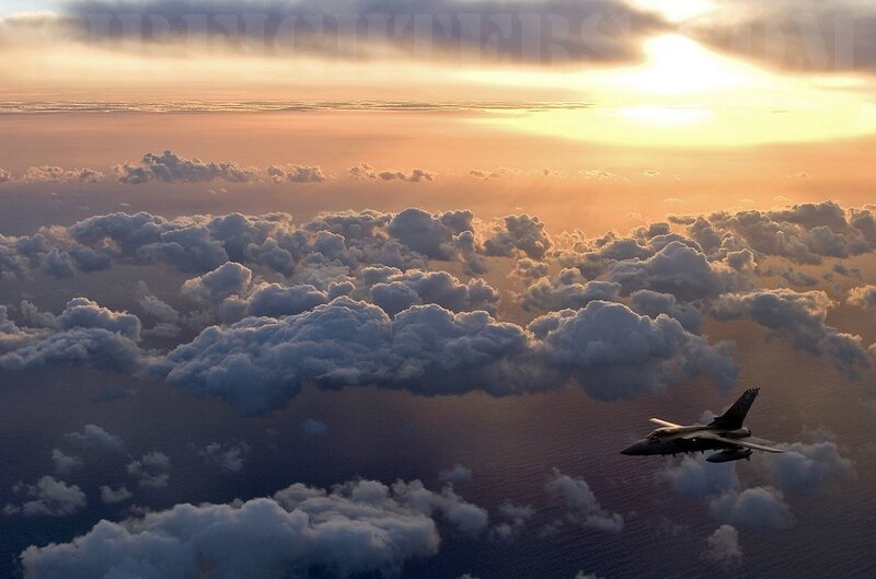 Fighter Jet Above Clouds — Orange