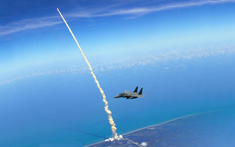 Fighter Jet and Rocket — Blue, Dramatic, Afternoon